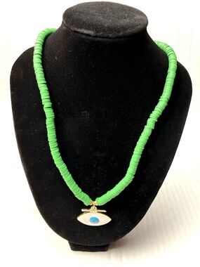 Heishi Green Beaded Evil‎ Eye Charm Pendant Necklace Gold Tone Artisan Hand Made